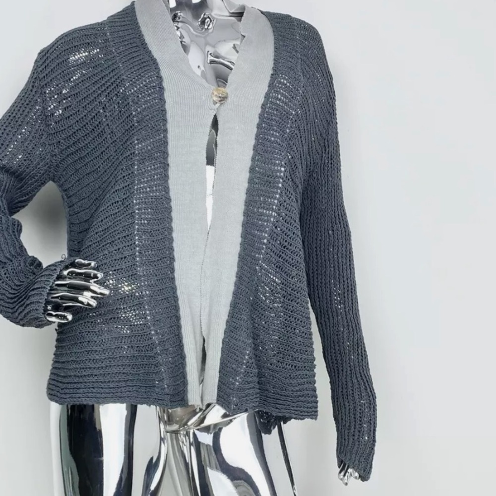 Sarah Pacini Open Knit Heavyweight One Button Cardigan Sweater Sz M Women